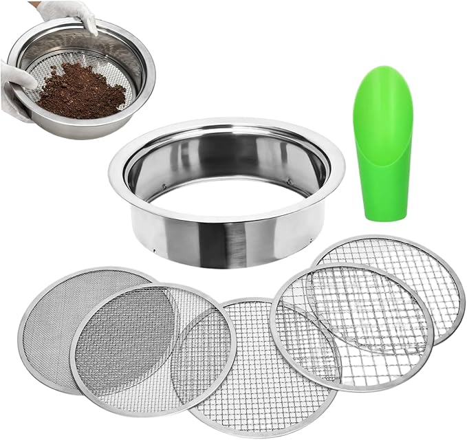 5Pcs Soil Sifter for Gardening Stainless Steel Soil Sifter Set with 5 Filter Mesh Sizes 1 3 6 9 12mm and Bonsai Scoops Gardening Tool
