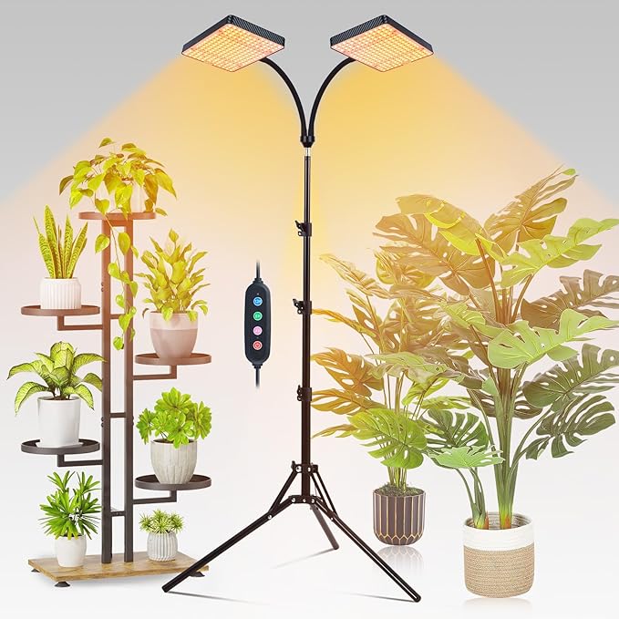 FECiDA 2026 2Head Grow Light with Stand 50 Watt Power Draw Bright and Big Coverage Grow Lights for Large Houseplants Bonsai Tree 4/8/12/16/20 Hr Timer 24-64 Height Adjustable 360° Gooseneck