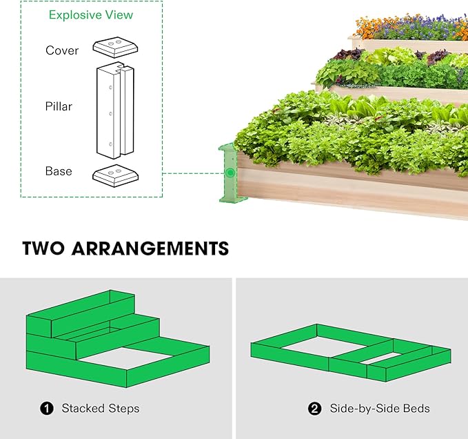 VIVOSUN 3-Tier Wooden Raised Garden Bed 48 x 48 x 21 Inches Outdoor Wood Planter Kit for Plants Herbs and Vegetables for Garden Patio Balcony Backyard and Outdoors