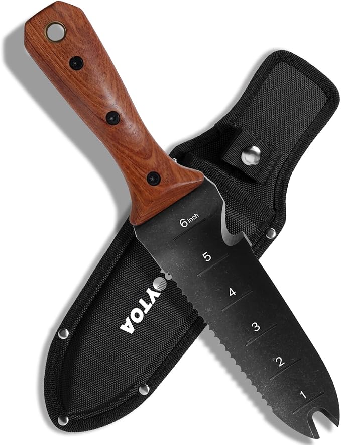 Hori Hori Garden Knife Garden Tools with Sheath for WeedingPlantingDigging 7 Stainless Steel Blade with Cutting Edge Rosewood Handle with Hanging Hole