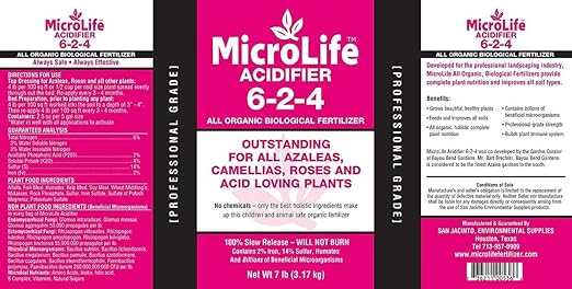 MicroLife Acidifier (6-2-4) Professional Grade Granular Organic Fertilizer (for Acid Loving Plants) Roses Blueberries Azaleas Camellias 7 LBS