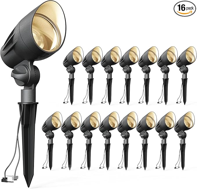 VENUS MANUFACTURING 16 Pack Low Voltage Landscape Flood Light 5 Watt LED Outdoor Landscape Lighting Kits 400 Lumen Black Waterproof Spotlights 12V 2700K Warm White Metal Tree Lights for Garden &amp Y