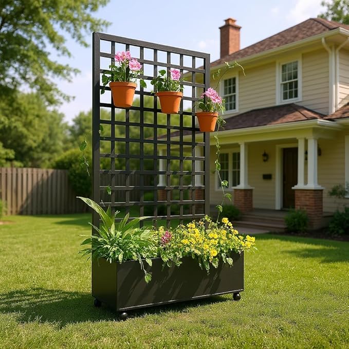 GAOMON Metal Planter Box with Square Lattice Trellis &amp Wheels Raised Garden Bed w/Privacy Screen &amp Drainage Hole for Climbing Plants Flower &amp Vine (72 in x47 in Black)