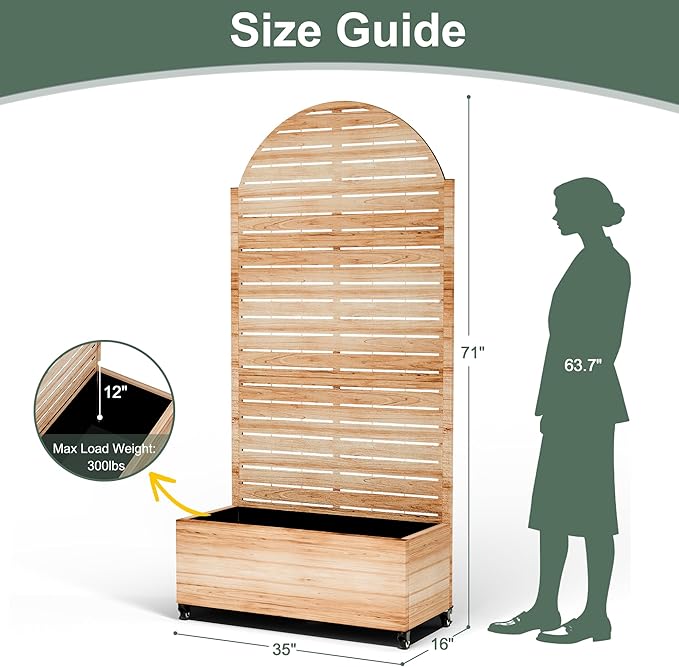 Metal Planter Box with Trellis for Patio Privacy Planter with Trellis Standing Planters Boxes with Privacy Screen Drainage Holes for Climbing Plants (35 L Arch White Wood Grain)