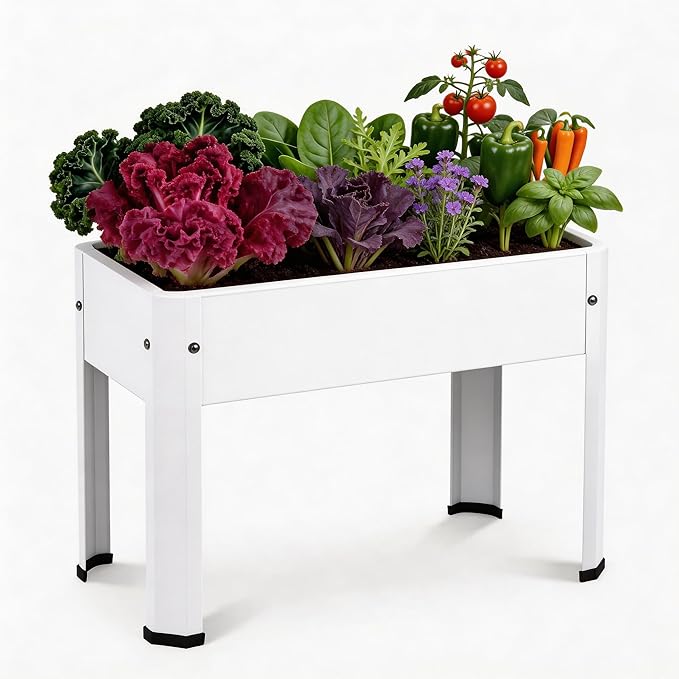 Raised Garden Bed with Legs 24×10.8×18 in Metal Elevated Raised Planter Box with Drainage Holes for Backyard Patio Balcony 80 lb Capacity - White
