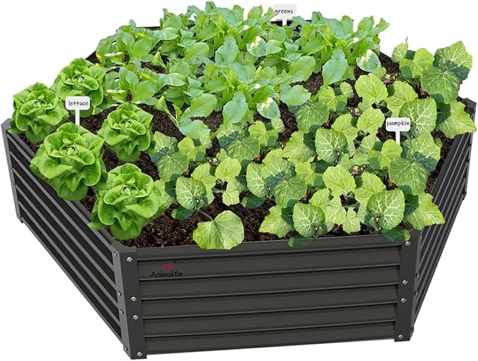 A ANLEOLIFE Hexagon Galvanized Metal Raised Garden Bed Outdoor 70x60x18in Deep Metal Planter Box for Flowers Herbs &amp Vegetables 18'' Tall Decorative Raised Bed Quartz Grey