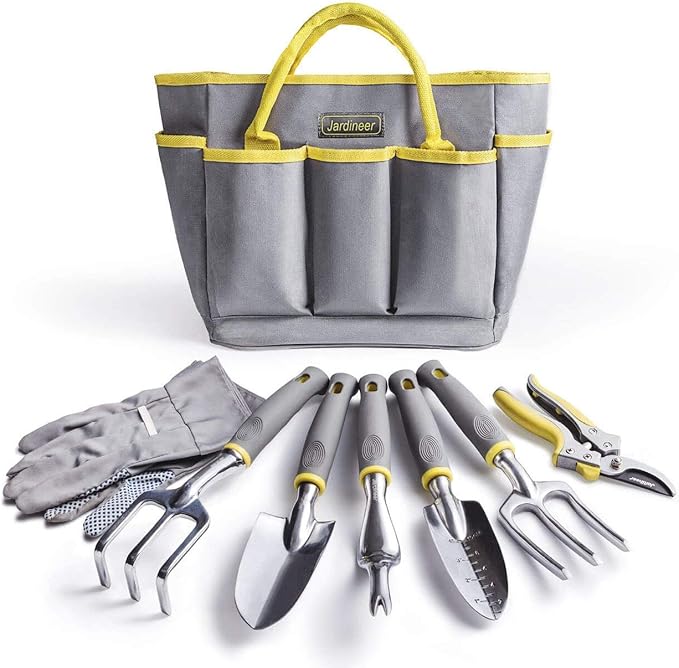 Jardineer Garden Tools Set 8PCS Heavy Duty Garden Tool Kit with Outdoor Hand Tools Garden Gloves and Storage Tote Bag Gardening Tools Gifts for Women and Men