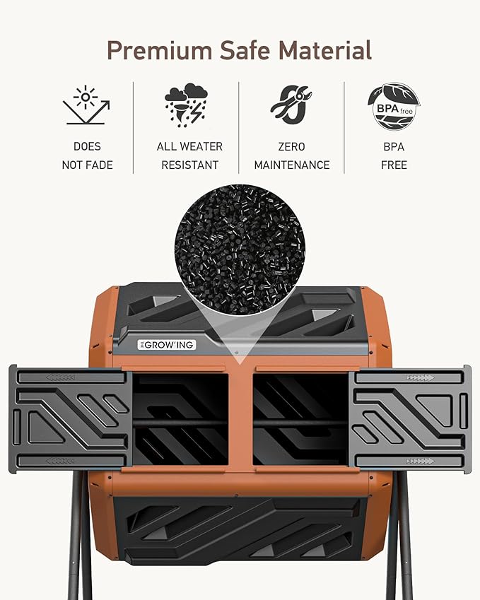 THEGROW'ING Updated 43 Gallon Compost Bin Outdoor Fast Assemble Tumbling Composter Dual Chamber Composter Tumbler Rotating Compost Bin for Outside Backyard Garden and Yard Orange