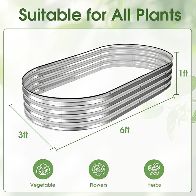 NEWBULIG Heavy-Duty Galvanized Oval Raised Garden Bed for Outdoor Metal Planter Box with Open Base Easy Assembly with Safe Edges for Vegetables/Flowers/Herbs