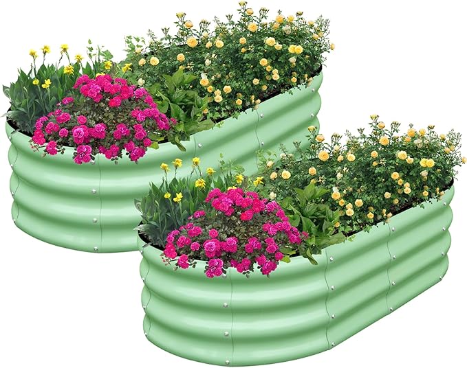 SnugNiture Galvanized Raised Garden Bed Outdoor 2 Pcs 4x2x1ft Oval Metal Planter Box for Planting Plants Vegetables Green
