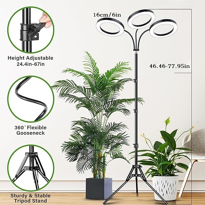 Grow Lights for Indoor Plants 108 LEDs Full Spectrum Plant Light with 3 9 12H Timer 6 Brightness Levels Height Adjustable Tripod Stand for Flowers Vegetables (US Plug 3 Heads 28W Use 3A