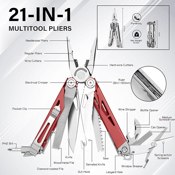 Multitool 21-in-1 Multi Tool Pliers with Safety Locking and Spring-Action Scissors Heavy-duty Stainless Steel Multi-tool Set with Nylon Sheath for Work Home Garden DIY &amp Auto Brick Red