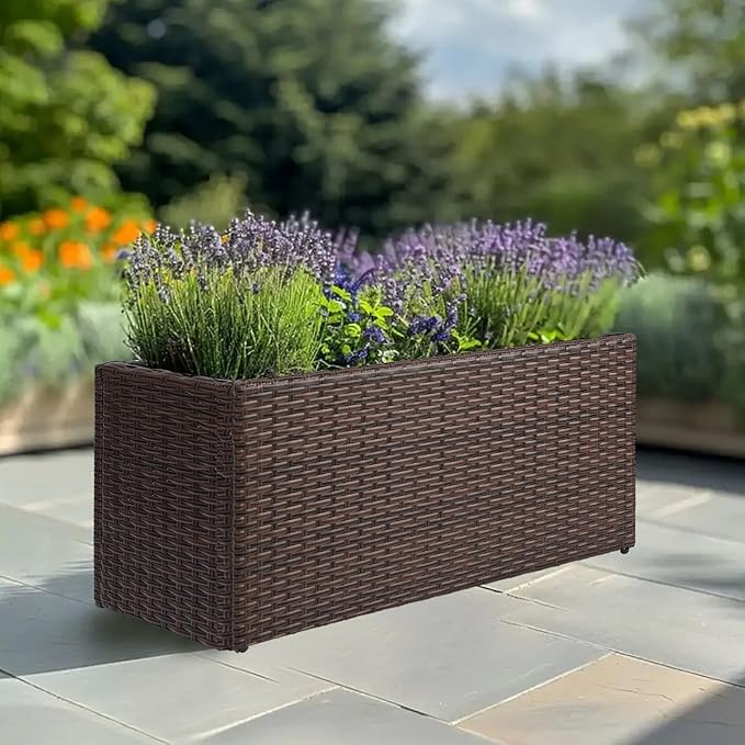 LEWIS&ampWAYNE Large Rectangular Block Planter Box Handmade Wicker Tall Planters for Outdoor Plants with Removable Liners Modern Planter for Indoor Outdoor Patio Deck - Brown 36''x12''x16''