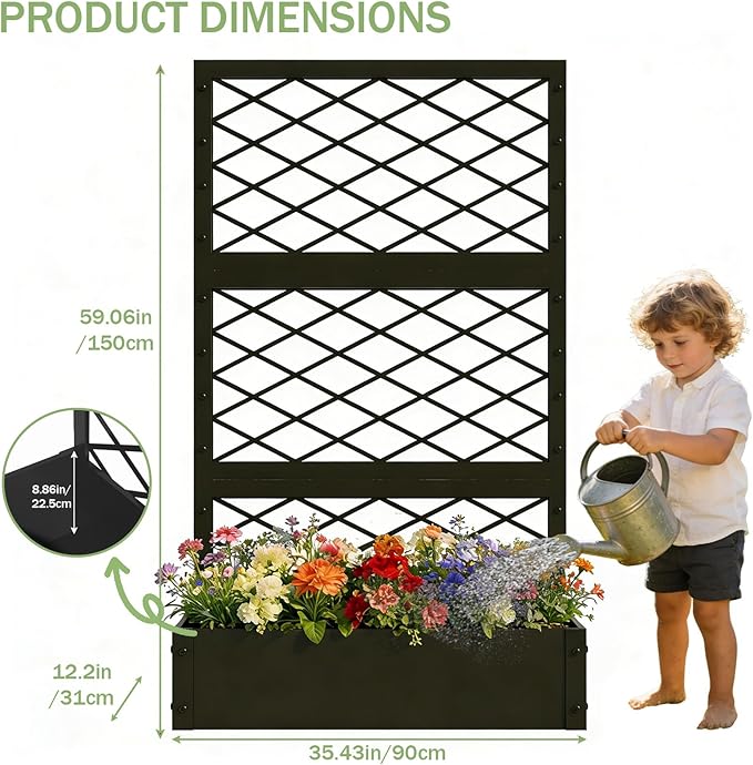 aboxoo 59 inch Planter Raised Garden Bed with Trellis Outdoor Metal Large Planter Box Elevated Garden Bed for Vegetables Flower Herb Patio(Black)