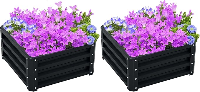 Outsunny 2 Piece Galvanized Raised Garden Bed 2' x 2' x 1' Metal Planter Box for Growing Vegetables Flowers Herbs Succulents Dark Gray