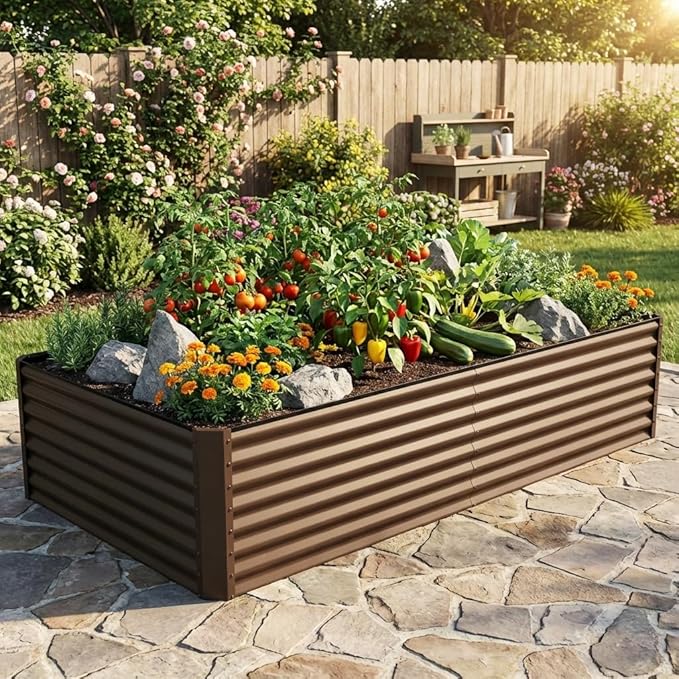 8x4x2 ft Galvanized Raised Garden Bed Large Metal Planter Box for Vegetables Fruits Flowers Herbs Brown Outdoor Gardening