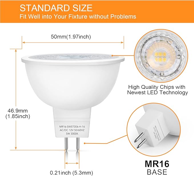 Mlambert 12 Pack MR16 LED Bulbs 50W Halogen Equivalent3000K Soft White5W GU5.3 MR16 12V Spotlight BulbNon-Dimmable45° Beam Angle for Landscape Recessed