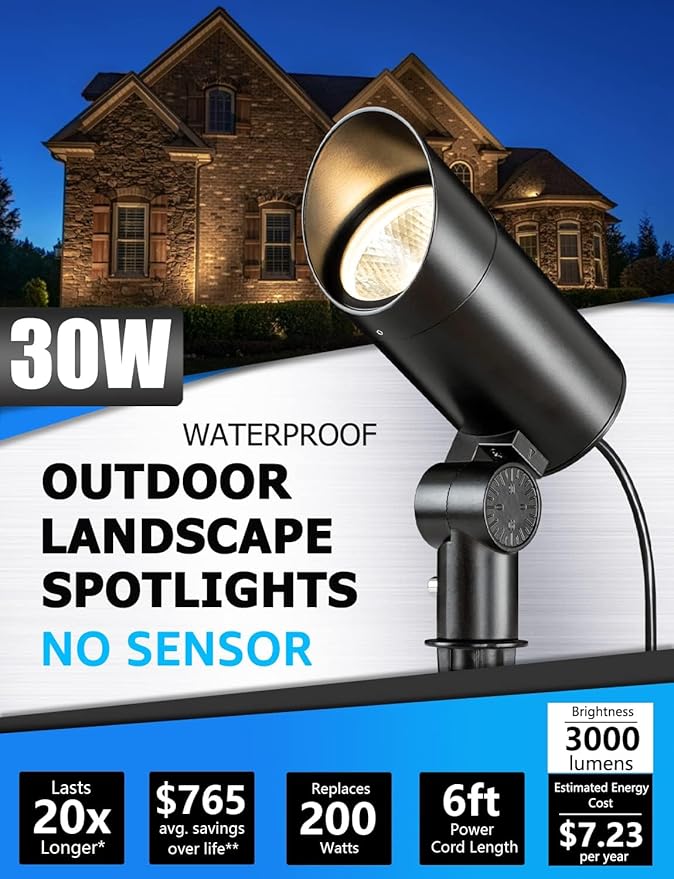 SUNVIE 30W Spot Lights Outdoor LED Spotlight 120V 3000LM Ultra Bright Flag Pole Light with Metal Stake Warm White Flood Light Landscape Lighting for Yard Flag Tree Garden 6 FT Cord with Plug 2 Pack