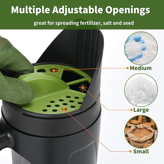 Seed Spreader Hand Held Hand Spreader Lawn and Garden for Fertilizer Grass Seed Salt Ice Melt Earth Food Seed Shaker with Multiple Adjustable Opening Sizes for All Purpose Up to 80 Oz