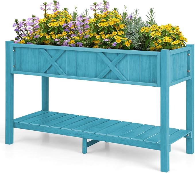 Raised Garden Bed with Legs HIPS Elevated Planter Box with Drainage Holes &amp Storage Shelf Standing Garden Box for Backyard Patio Balcony Deck Terrace (Blue 44” x 18” x 29”)