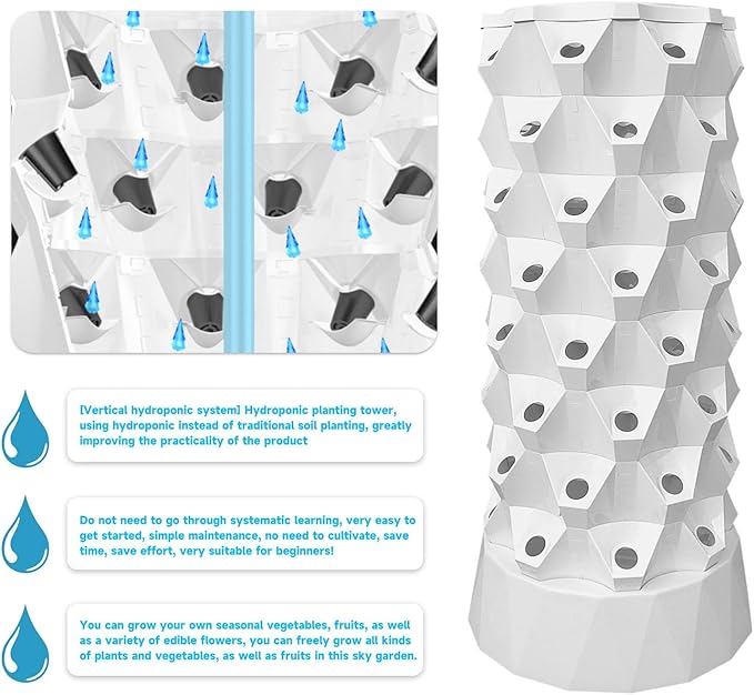 8 Tier 64 Slots Hydroponic Grow TowerVertical Planting Standalone Aeroponic Gardenwith PumpTimerAdapterSpongeAeroponic Tower for Seed Germination and Growing Fruits and VegetablesWhite