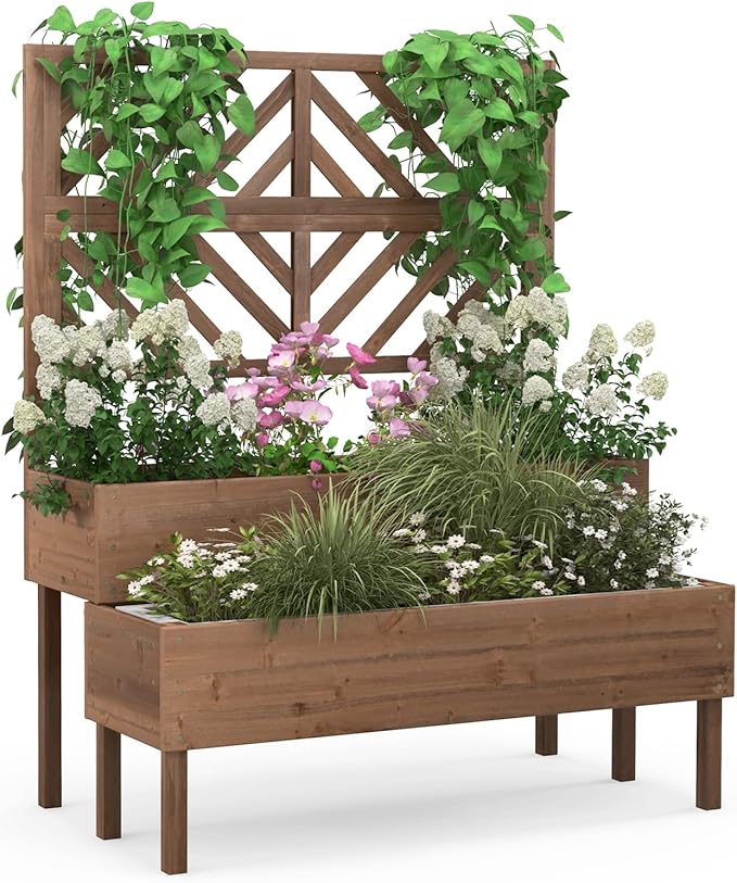 Giantex Raised Garden Bed with Trellis 2-Tier Wooden Planter Box with Legs and Drain Holes Garden Trellis for Vine Fruit Vegetable Flower Herb Outdoor Elevated Garden Bed (Brown)
