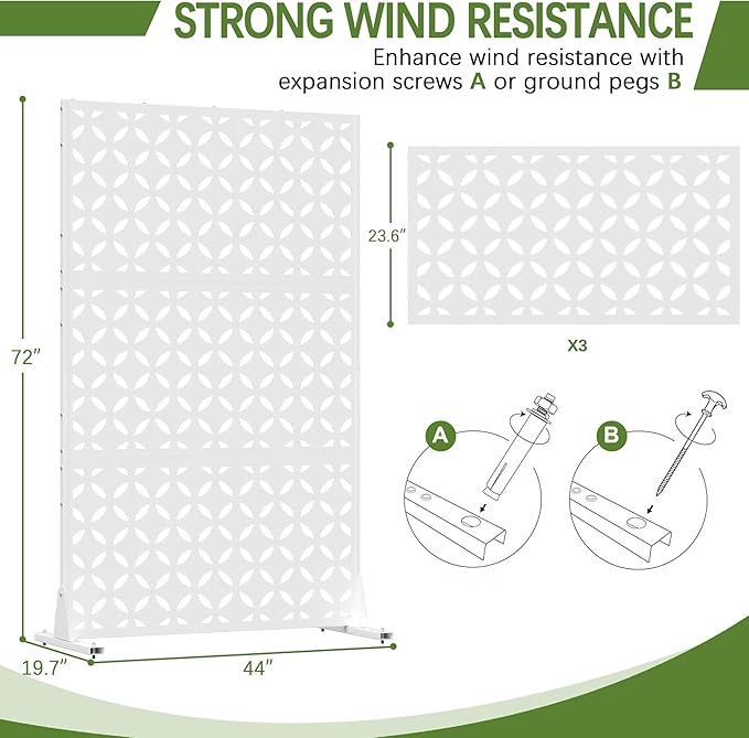 Cofar Metal Privacy Screen Outdoor 72 H×44 W -White Freestanding Outdoor Privacy Panels with Stand Decorative Fence for Patio Deck Balcony（Clover）