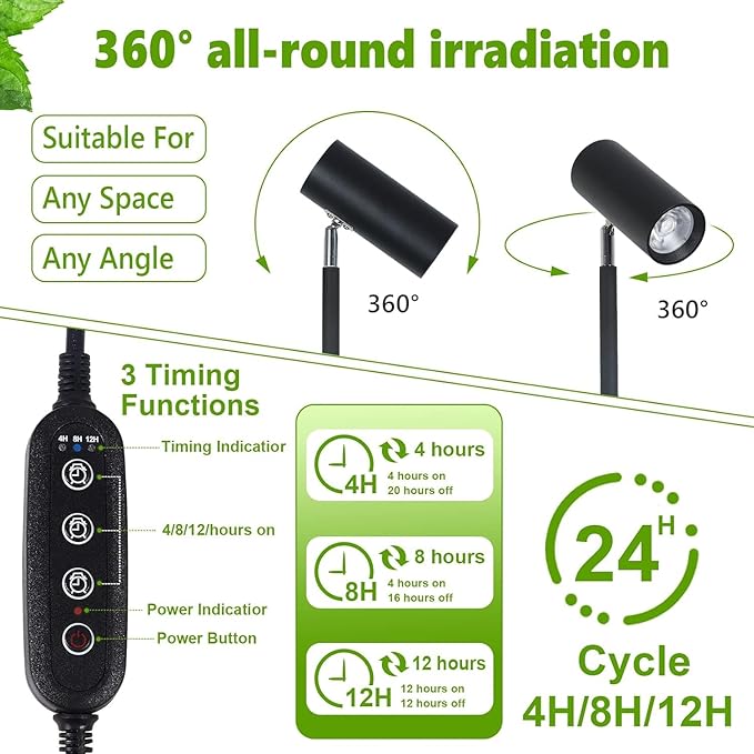 Standing Grow Lights for Indoor Plants Full Spectrum Plant Grow Lights Indoor with Timer 360° Floor LED Grow Lamp Tall Plant Light with Adjustable Height 4/8/12H Timer (Black)