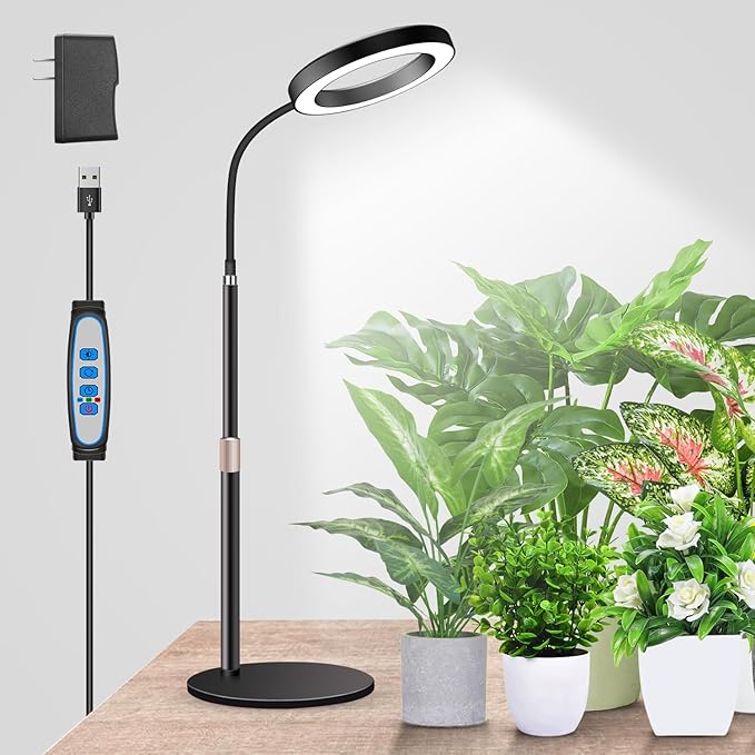 Garpsen Grow Lights for Indoor Plants 80 LEDs Full Spectrum Desk Plant Light with Timer for 6H/12H/16H 5 Dimmable Levels &amp Flexible Gooseneck 6000K Grow Lamp with Base Height Adjustable 16.5-25
