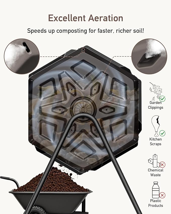 THEGROW'ING Updated 43 Gallon Compost Bin Outdoor Fast Assemble Tumbling Composter Dual Chamber Composter Tumbler Rotating Compost Bin for Outside Backyard Garden and Yard Coffee