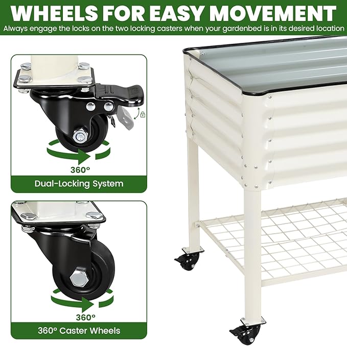 Elevated Raised Garden Bed 2' x 4' - Galvanized Planter Boxes with Legs Wheels and Storage Rack Outdoor Planters for Backyard/Patio/Balcony with Drainage Holes for Vegetables Flowers Herbs White