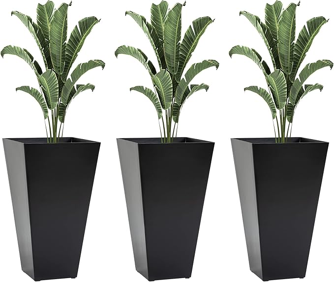 Set of 3 Tall with Drainage Hole 28 Outdoor Flower Pots Indoor for Porch Patio and Deck Black