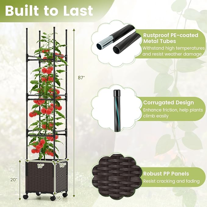 Giantex Raised Garden Bed Planter Box with Trellis 87 Tomato Planter for Climbing Vegetables Flowers Vine Plant Self-Watering Tomato Cage with Wheels for Garden Patio Outdoor &amp Indoor