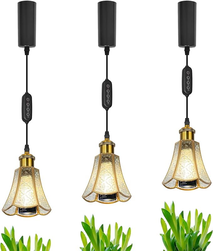 Adjustable Height J-Type Track Light Pendants 24 H Timer 4500K 10W LED Full Spectrum Clear Embossed Glass Copper Line Cover AUTO Plant Growing Lamp for Kitchen Island Green House