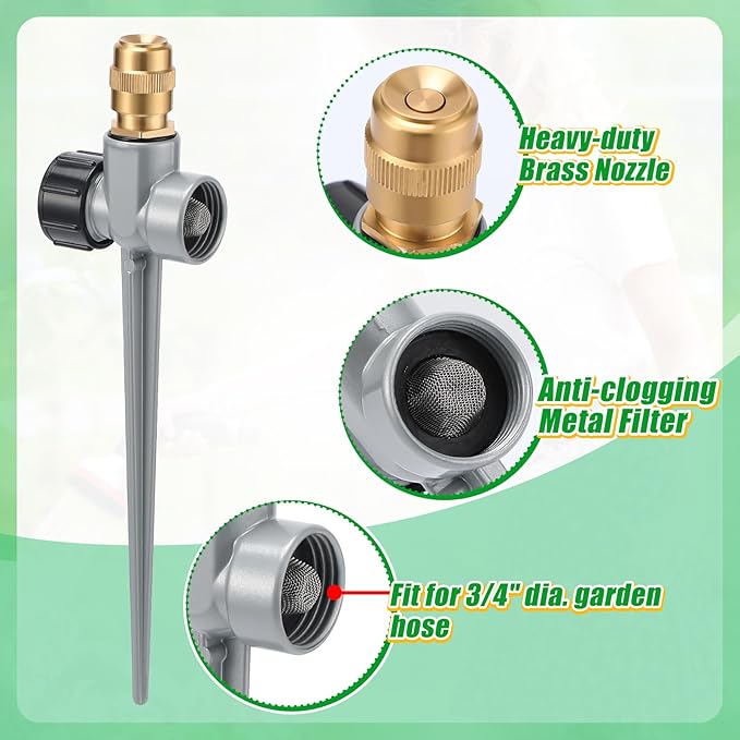 4 Pack Metal Lawn Sprinklers for Yard - 360° Coverage Water Sprinklers Adjustable Brass Nozzle with Aluminum Alloy Spike Base for Medium Garden Irrigation