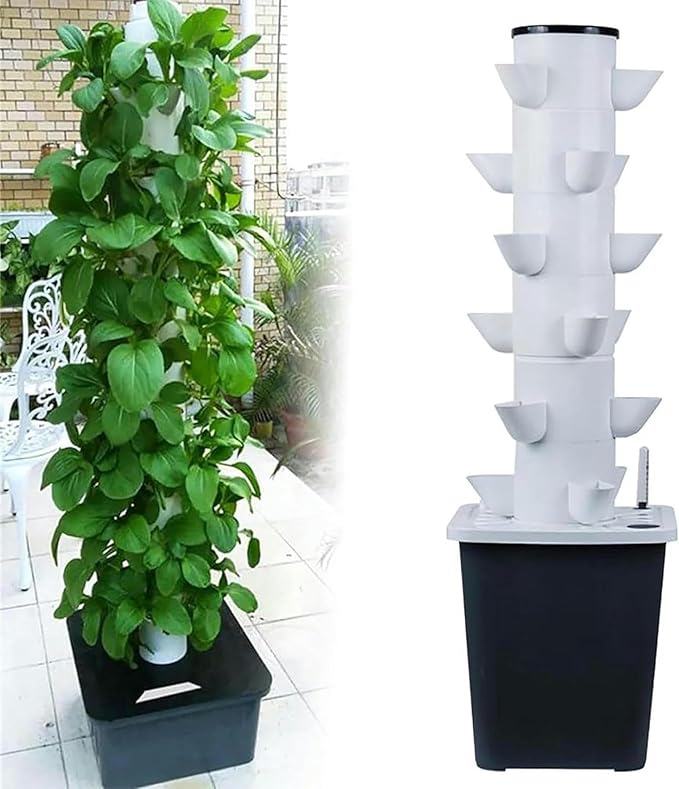Hydroponic Culture System of Interior Hydroponic Tower 6 -Layer Vertical Culture System and 18 Plant Sites with Pump and Mobile Water Tank Adapter Planting Bed