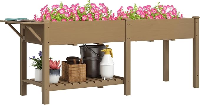 Outsunny Raised Garden Bed Wood Elevated Planter Box with Side Table Bottom Shelf Outdoor Raised Planter with Bed Liners Drainage Holes for Vegetable Flower 81.5 x 23 x 31 in Carbonized Brown