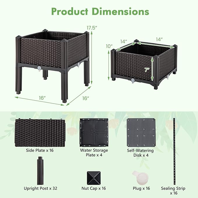 Giantex 4 Pcs Raised Garden Bed Elevated Planter Box Kit W/ 16 Legs 4 Planter Boxes Self-Watering System Drainage Holes Indoor &amp Outdoor Vegetable Fruit Flower Herb Growing Box