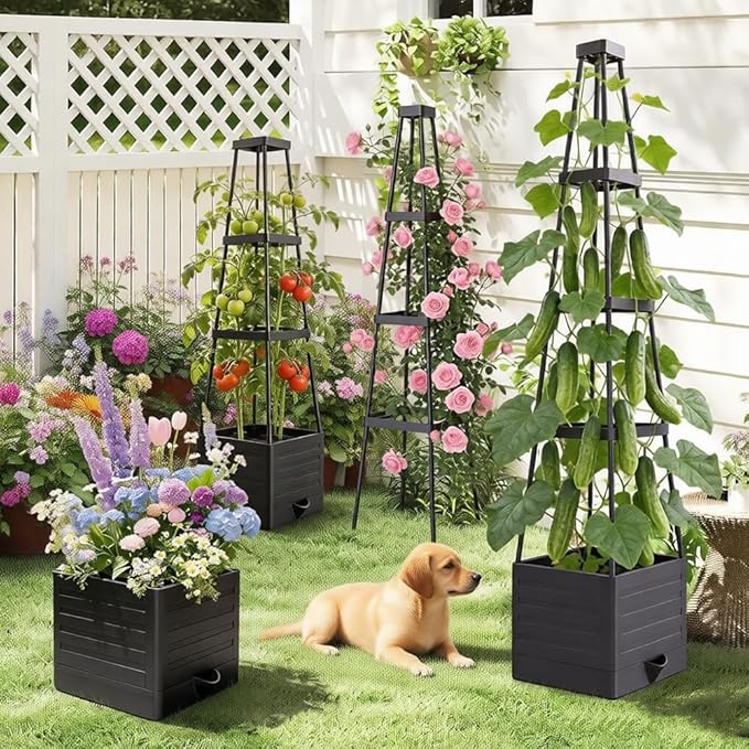 2 Packs Tomato Planter with Trellis 56 Tomato Cages for Indoor &amp Outdoor Climbing Plants Self Watering Raised Garden Bed Planter Box for Garden Patio