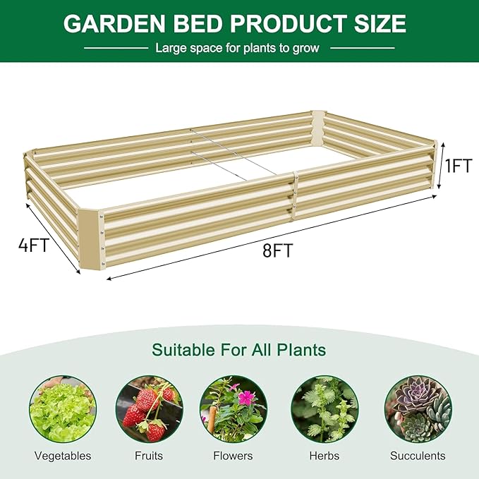 Land Guard 2 Pack 8×4×1ft Galvanized Metal Raised Garden Bed Metal Planter Kit Box Outdoor for Deep-Rooted Vegetables Flowers Green and Herbs (Cream Yellow)