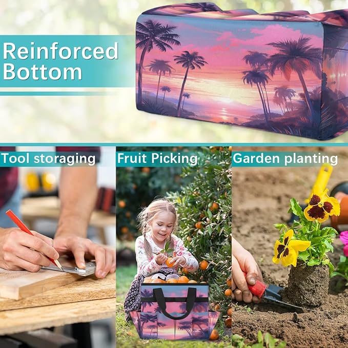 Coconut Tree Evening Sunset Garden Tool Bag Waterproof Garden Tool Storage Bag Heavy Duty Oxford Gardening Tool Bag with Handle &amp 10 Pockets for Men Women Outdoor Garden Lawn Yard