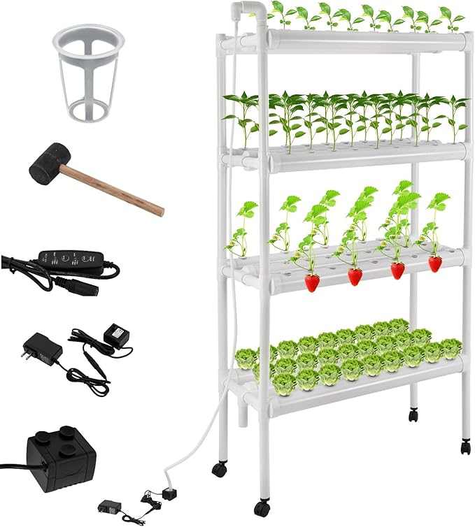 108 Plant Hydroponics Growing System Kit Smart Hydroponic Tower with Water Pump &amp Wheels Indoor Outdoor Herb Garden PVC-U Pipes Gardening System Grow Kit for Vegetables Fruits