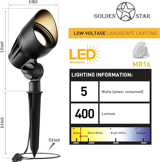 GOLDEN STAR Low Voltage Landscape Lights 5W 400 Lumen 2700K Warm White Outdoor LED Spotlights 12V Flood Lighting with Connector and Stake 8401-2650-G06