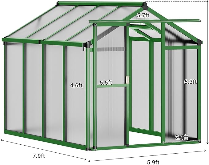 6X8 FT Greenhouse Greenhouses for Outside Aluminum Frame Polycarbonate Panels with Sliding Lockable Door and Ajustable Roof Vent Spacious Walk-in Design for Backyard Garden Patio Green