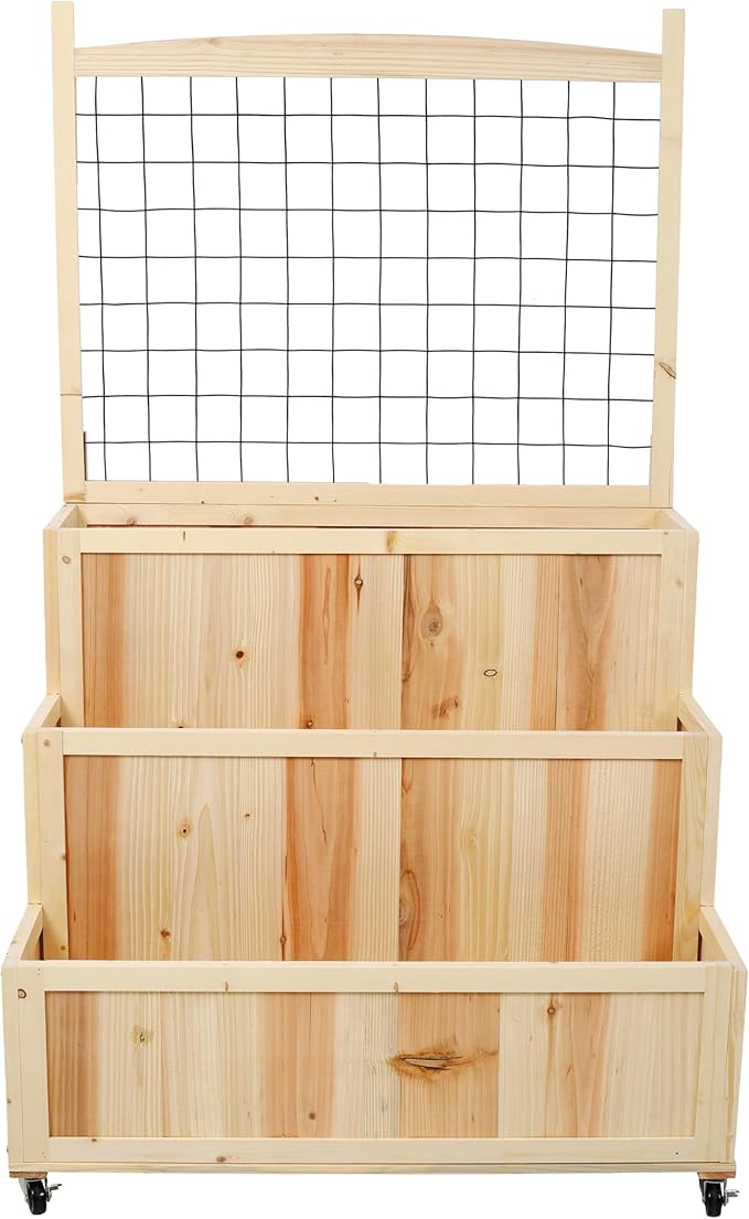 3-Tiers Raised Garden BedPlanter Box  with Trellis 2-in-1Wooden Frame 53 H with Wheels  Back Storage Area for Flowers Vegetables Herbs