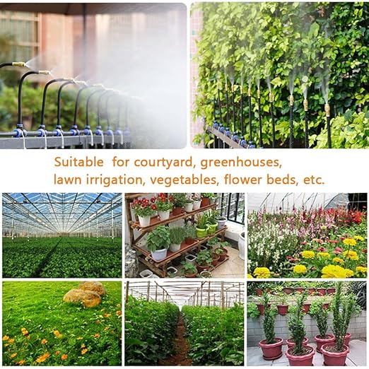 Garden Watering System Greenhouse Mist Drip Irrigation Kit 65Ft Hanging Plant Watering System with 20 Three-Way Atomizing Nozzle and 12mm Irrigation Tubing Hose Gold