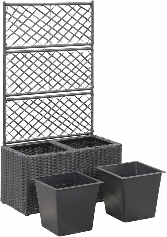 Raised Bed with Trellis 2 Pots 58 x 30 x 107 cm Poly Rattan Black Planter with Trellis Planter for Balcony Flower Box Planters for Outdoor Use