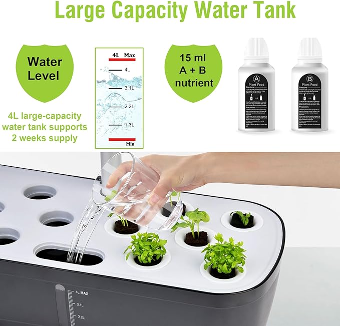 Black 12-Pod Hydroponics Growing System Earthless Growing System Indoor Garden Herb Garden Kit Smart Hydroponic Garden with LED Grow Light &amp Automatic Timer Adjustable Height