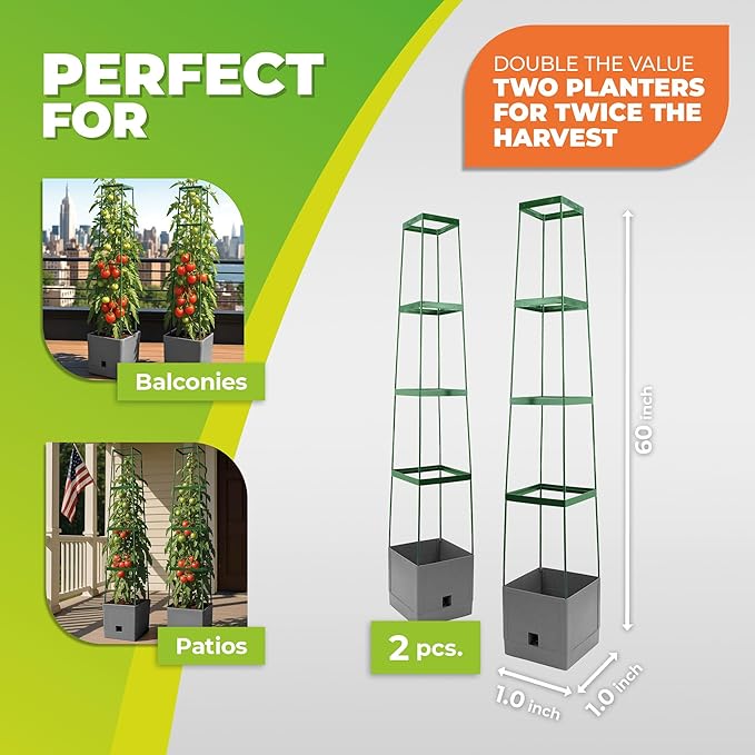 BioGreen 2 Pack Garden Tomato Planter MAXITOM with Plant Support Trellis 59 inch and Self Watering 42 Gal Planter Box for Climbing Vegetables Plants Gray