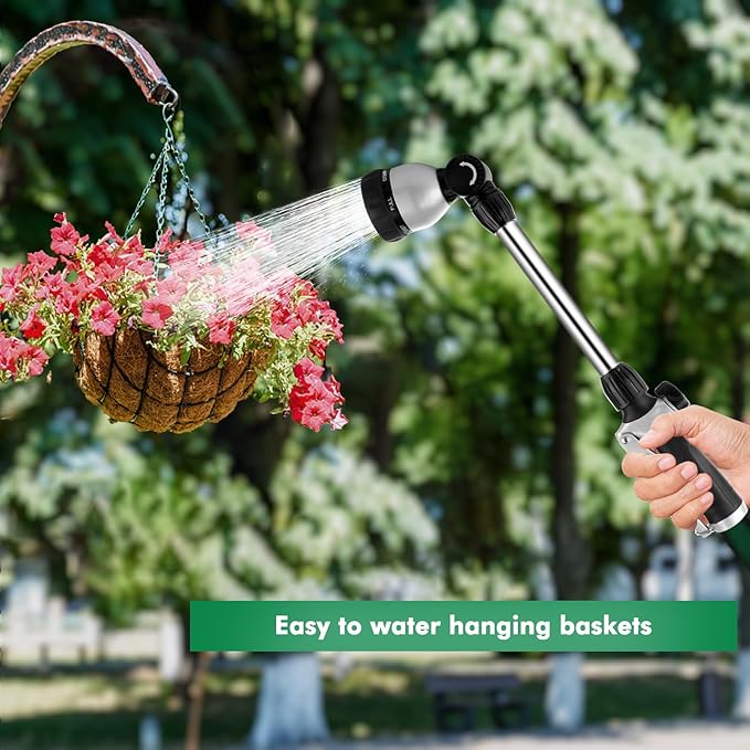 RESTMO Metal Watering Wand Heavy Duty Garden Hose Wand with 180° Swivel Ratcheting Head 16'' Hose Nozzle Sprayer with 7 Spray Patterns and Flow Control for Water Hanging Baskets and Shrubs Black